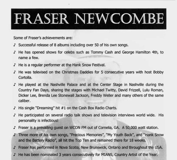Achievements of Fraser Newcombe in music and performances.