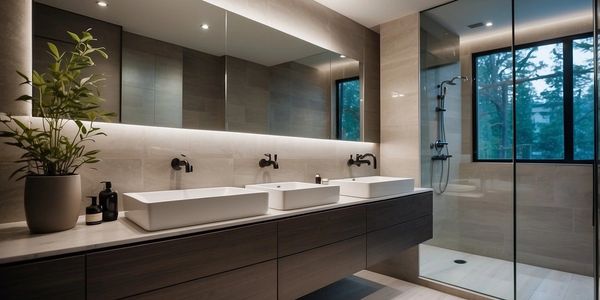 Modern bathroom with three sinks and a glass shower enclosure.