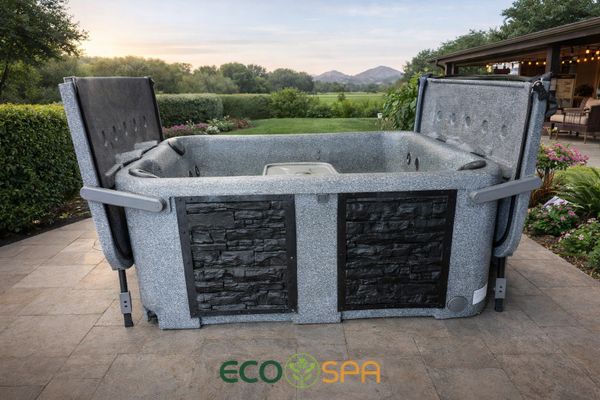 Eco Spa hot tub with side-folding panels set outdoors with scenic mountain view.