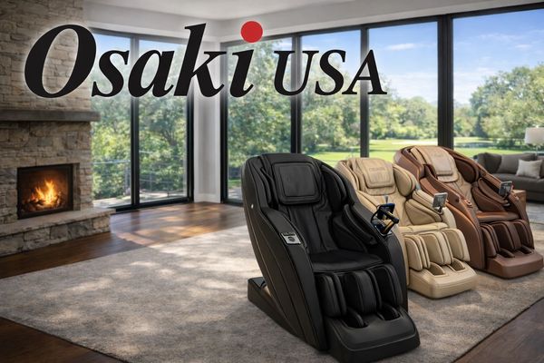 Three Osaki USA massage chairs in a bright living room with a fireplace.