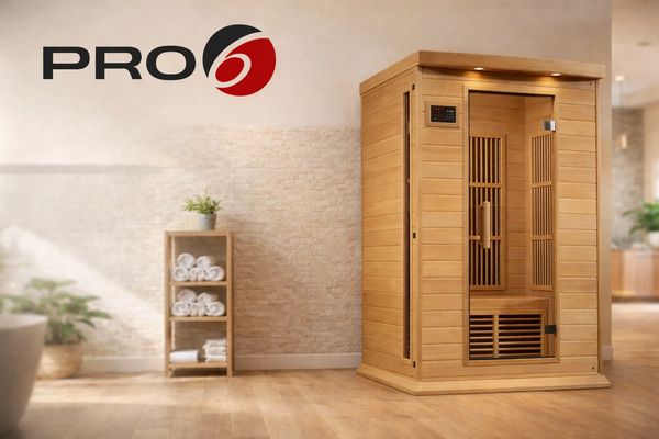 Modern wooden sauna cabin in a cozy room with towels on a shelf.