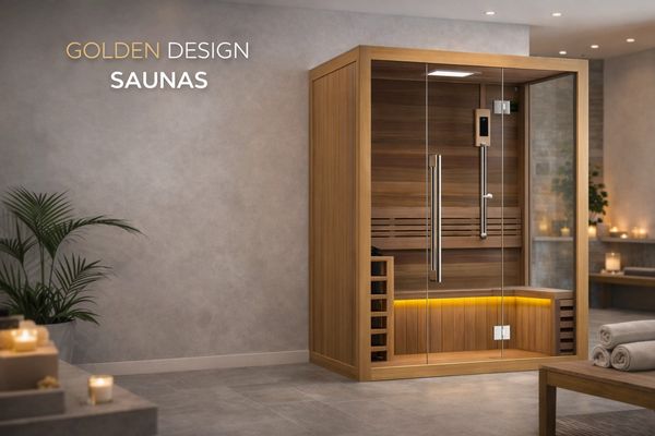 Modern wooden sauna with glass door and ambient lighting in a spa room.