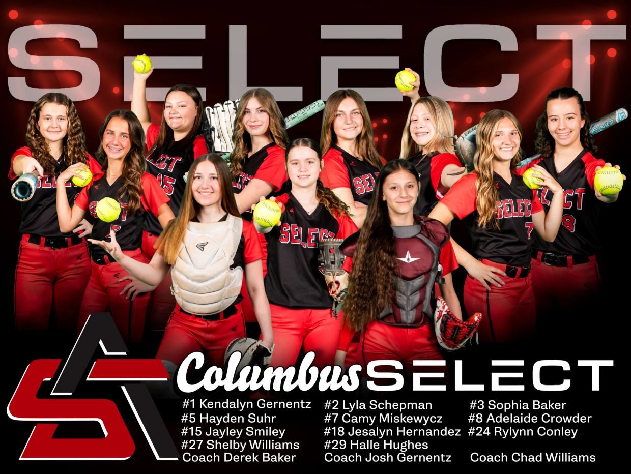 Columbus Select girls softball team posing with equipment and team details.