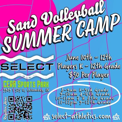 Colorful flyer for Sand Volleyball Summer Camp at CERA Sports Park, Columbus, IN.