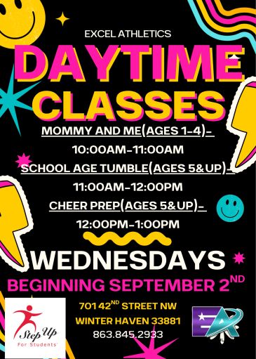 Flyer for Excel Athletics daytime classes for children on Wednesdays.