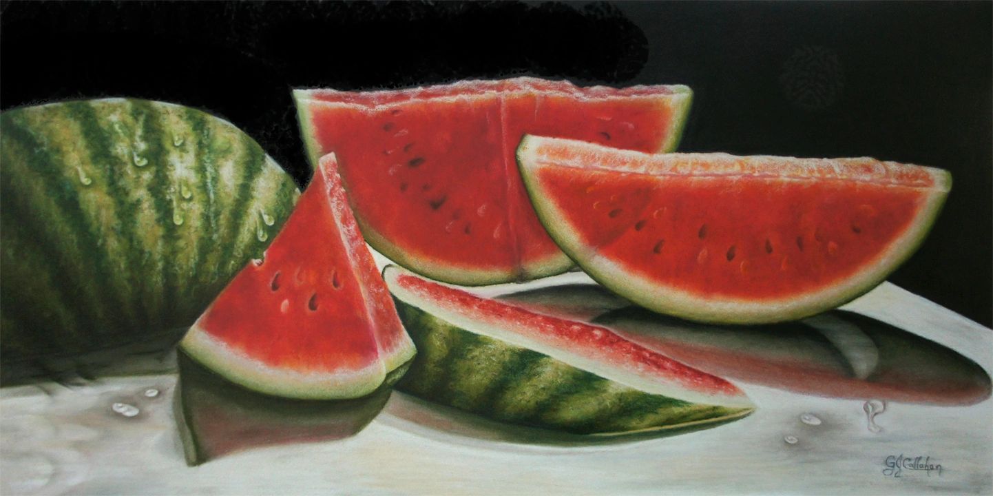 Backlit Watermelons, 12 X 24, Colored Pencil on Ampersand Pastelboard, Still Life
