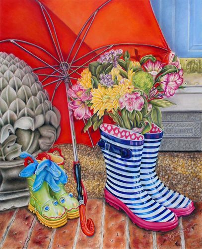 "Welcome Wellies" 20 X 16, Colored Pencil on Ampersand Pastelboard, Still Life  with Red Umbrella.
