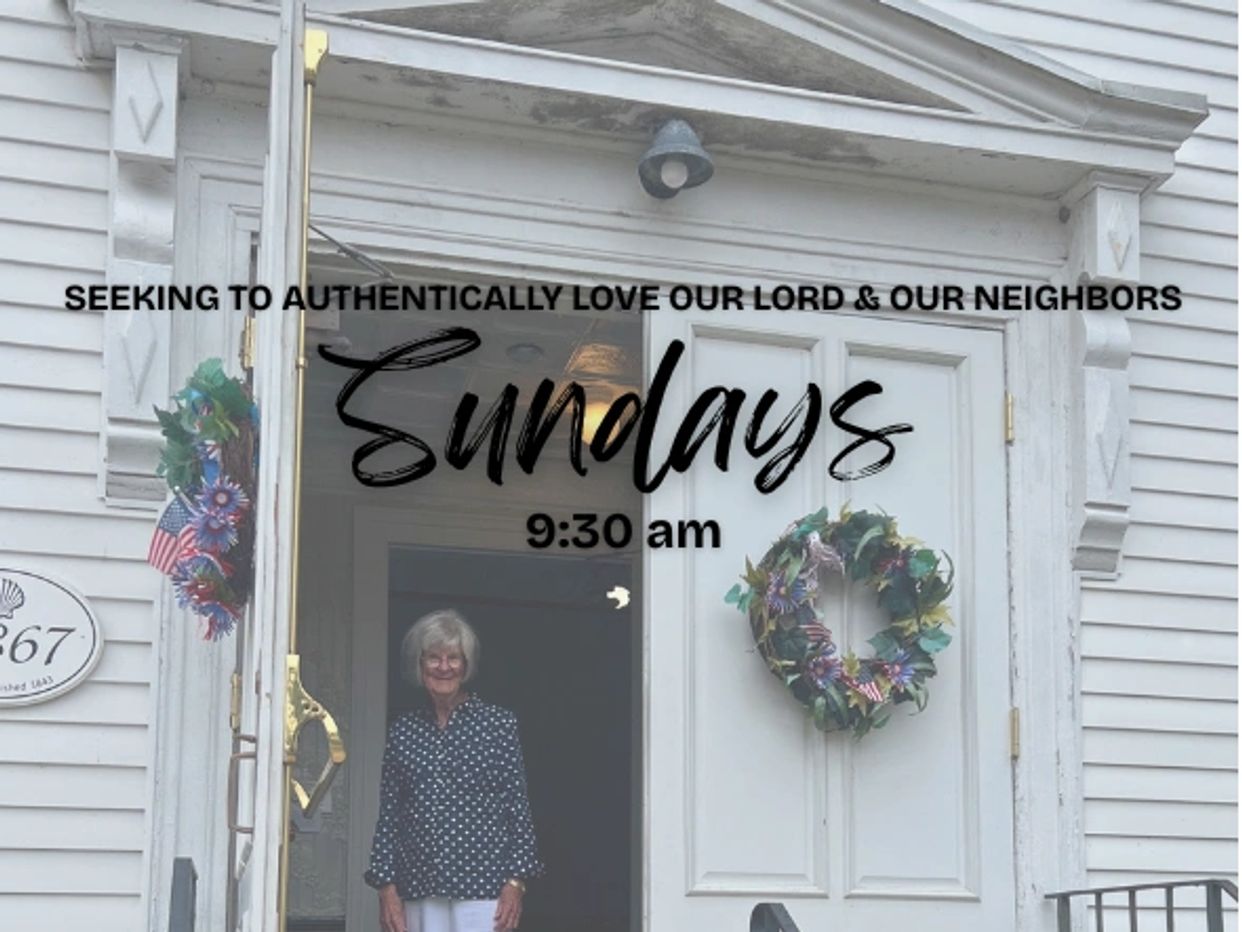 A woman stands at a decorated doorstep with text about Sunday worship at 9:30 am.