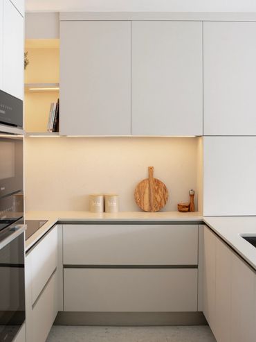 Interiors by Eva Franco designed custom Italian kitchen (Veneta Cucine) accent lights, near me Miami