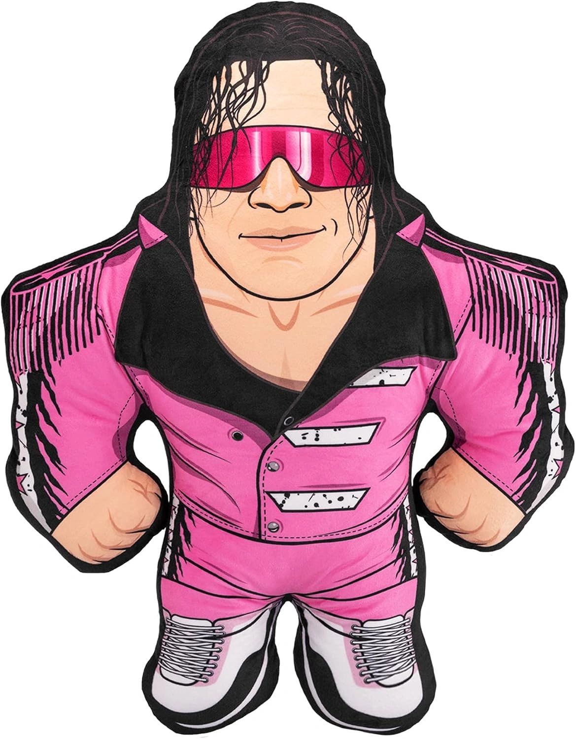 Cartoon plush of a man in a pink suit and sunglasses.