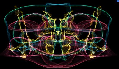 Colorful symmetrical abstract smoke pattern on black background.