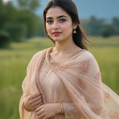 Young woman in traditional attire outdoors.