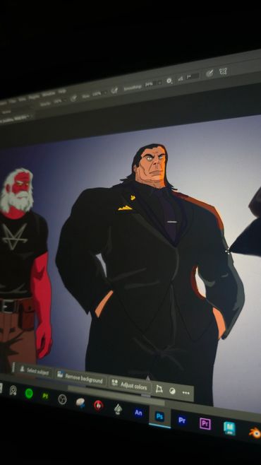Digital artwork of two characters on a computer screen.
