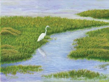 Egret at Plum Island, Egret stopping for lunch at Plum Island Framed 12 x 16 original Oil painting 