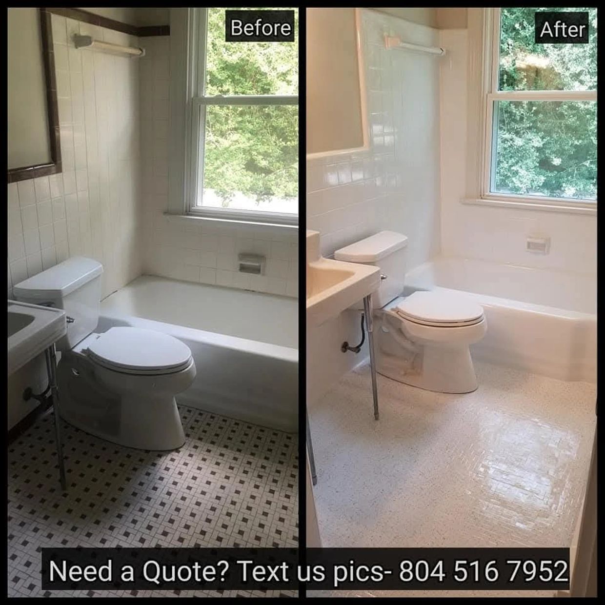 Before and after bathroom renovation showing new flooring and fresher look.