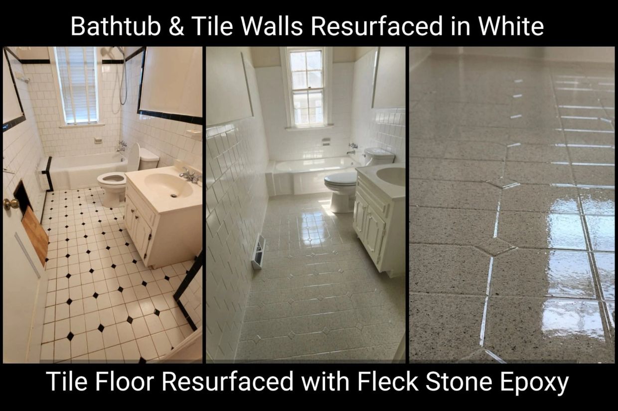 Bathroom tiles and floor resurfaced in white and fleck stone epoxy.