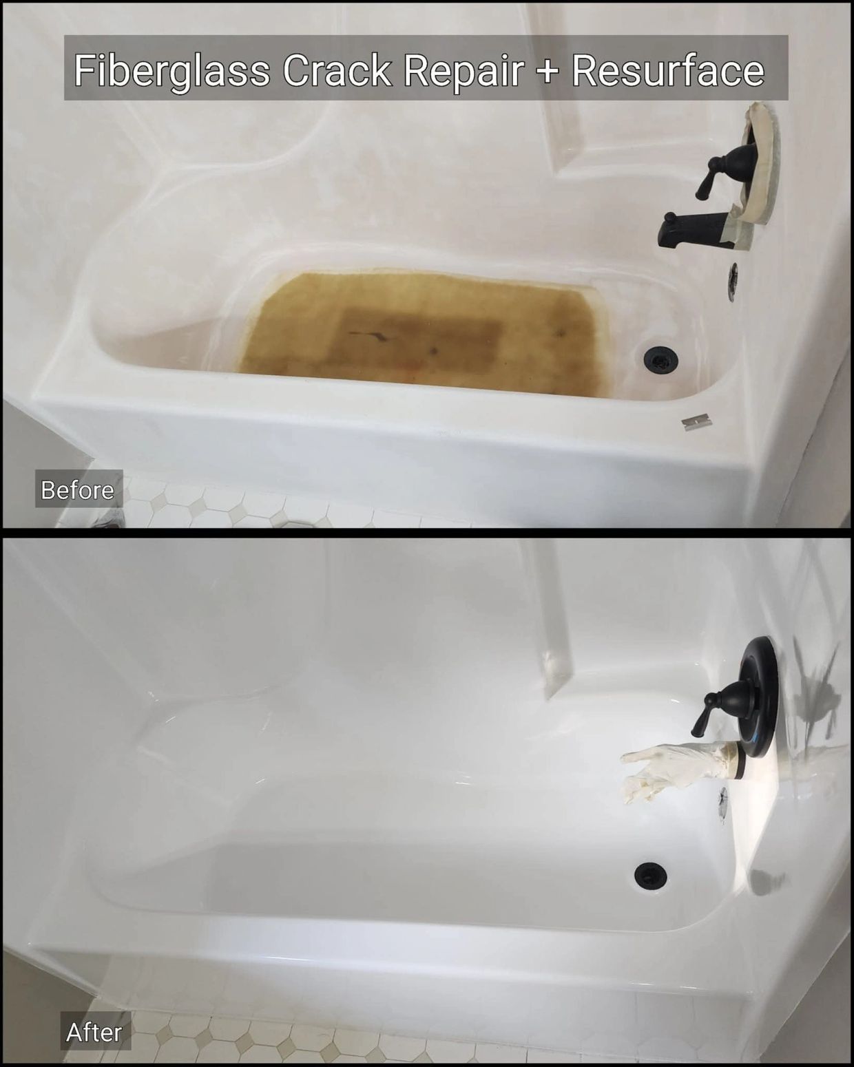 Before and after fiberglass bathtub crack repair and resurfacing.