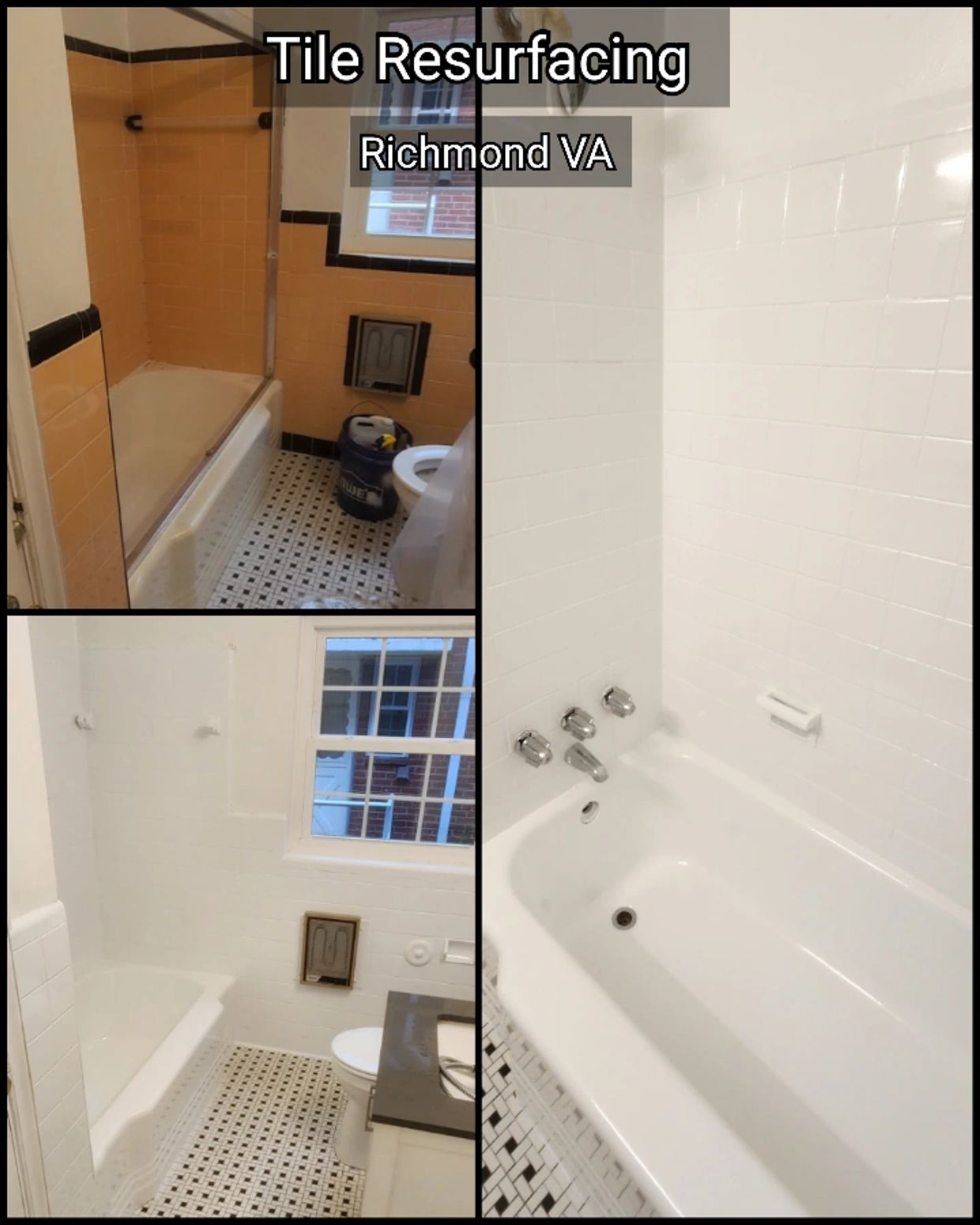 Before and after tile resurfacing in a Richmond VA bathroom.