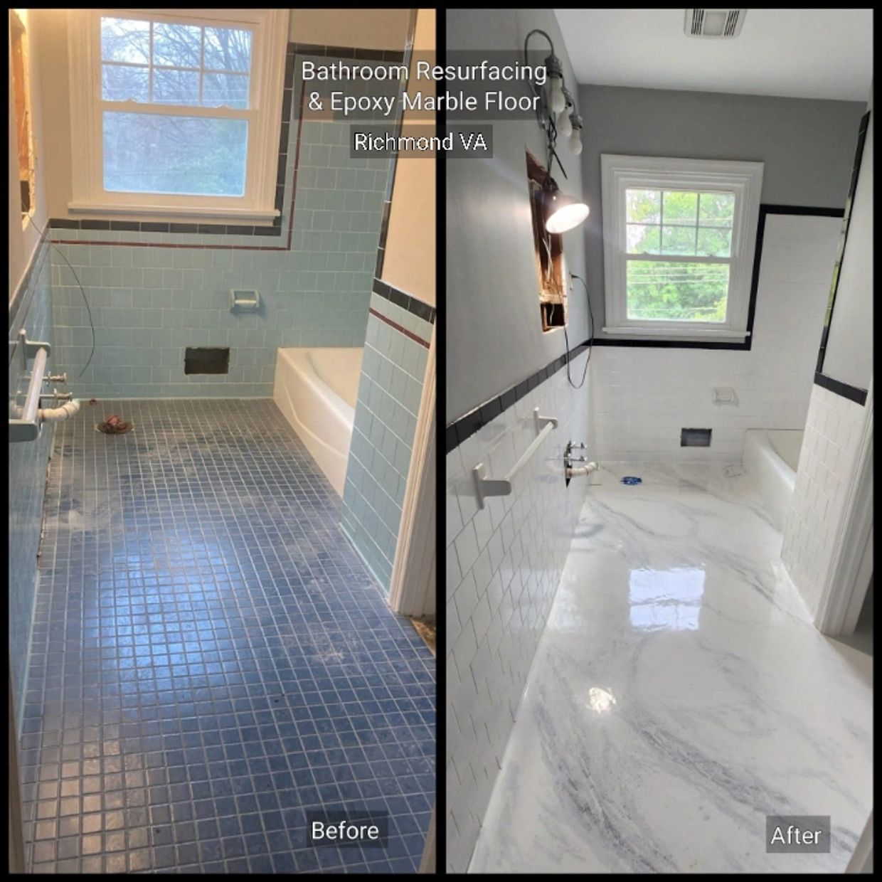 Bathroom resurfacing with new epoxy marble floor, Richmond VA.