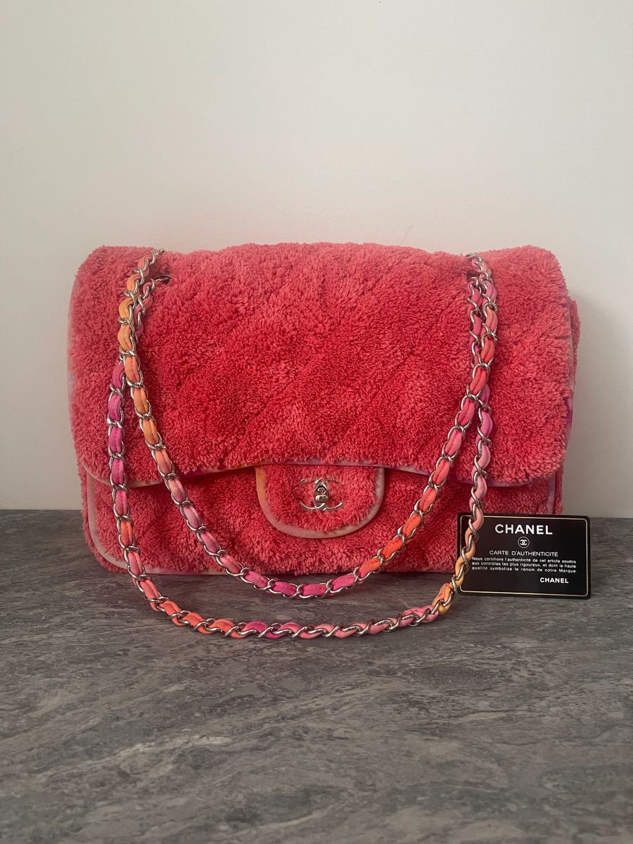 Chanel Classic Single Flap Jumbo Pink Quilted Terry Cloth Silver