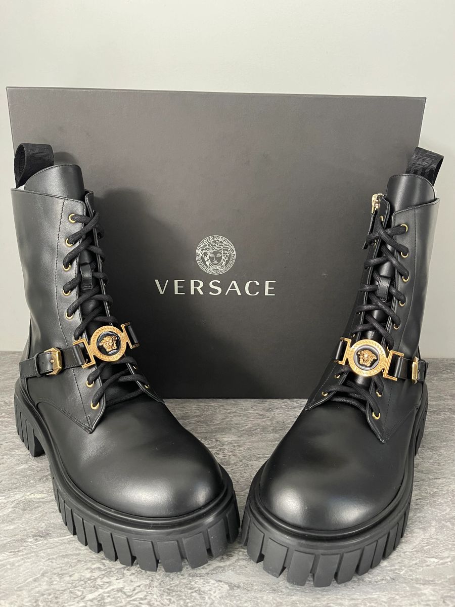 Women's Versace Medusa Logo Black Ankle Combat Boots US 10/EU 40