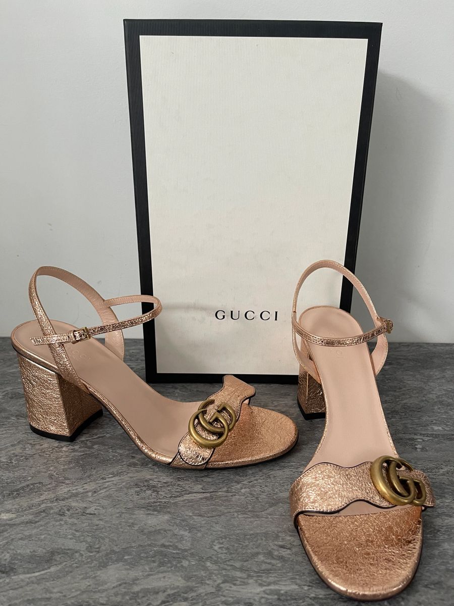 Women's Gucci Metallic Rose Gold Leather GG Marmont Ankle Strap Heels Size  US 9/EU 39