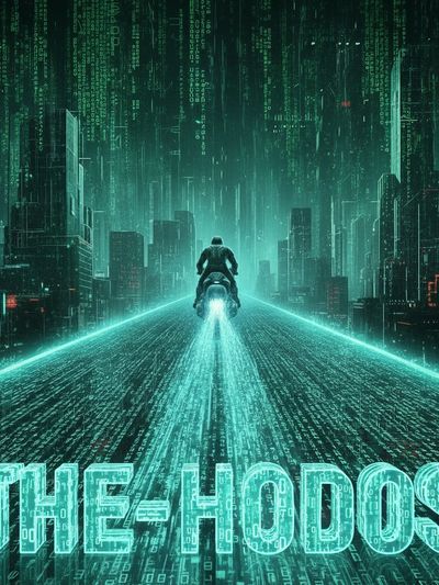 A futuristic rider speeds through a neon-lit digital cityscape.