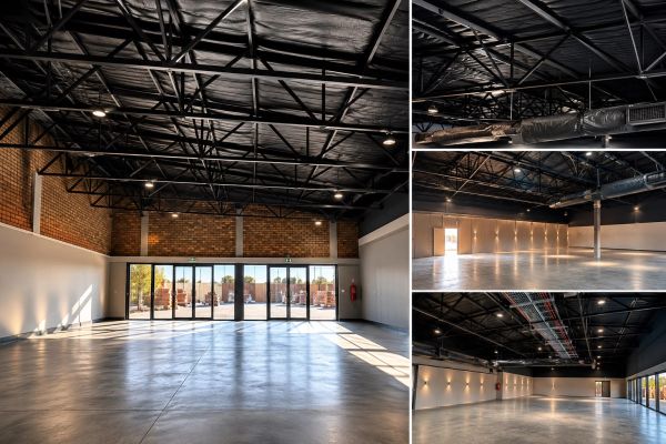 Spacious, modern industrial event space with exposed ceilings and large windows.