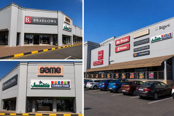 Exterior views of a shopping center with various retail store signs and parked cars.
