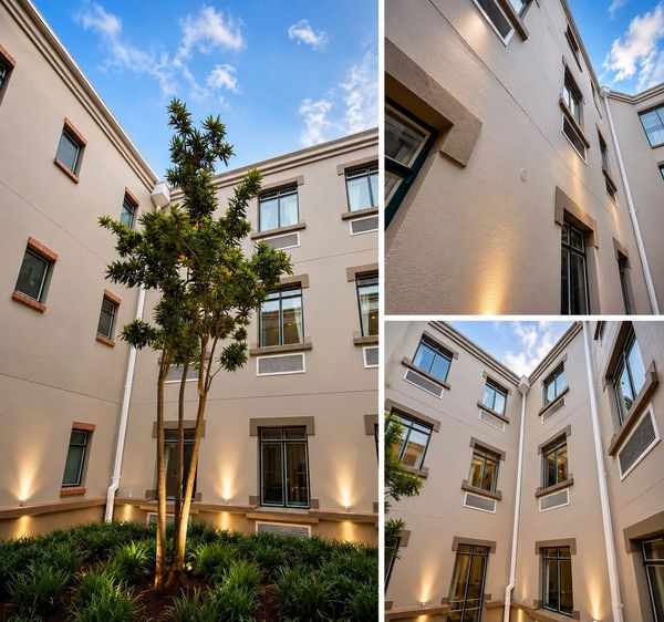 Modern courtyard with tree and soft lighting on building walls.