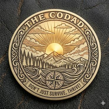 Engraved coin with a sunrise, mountains, trees, waves, and compass design.