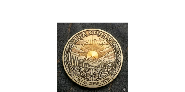 A round engraved coin with a sunrise and nature design.
