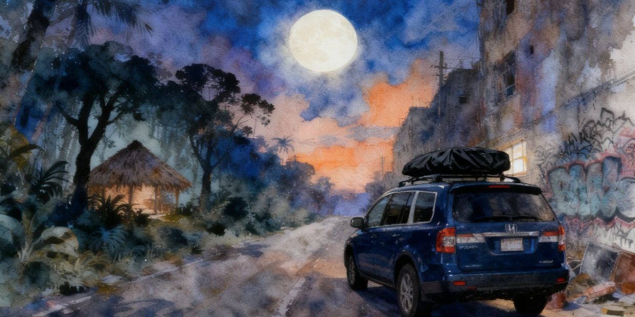 A blue SUV parked on a street at dusk under a full moon.