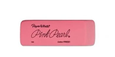 A pink Paper Mate Pink Pearl eraser with black text.