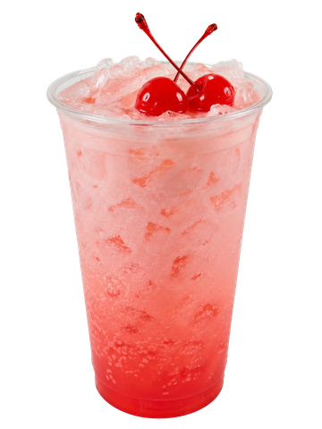 Pink cherry soda drink with ice and two cherries on top.