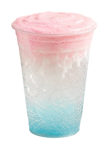 Colorful layered drink with blue, white, and pink foam.