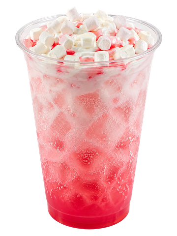 Pink iced drink topped with mini marshmallows.