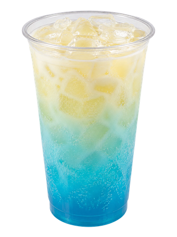 Colorful iced drink with blue and yellow layers.
