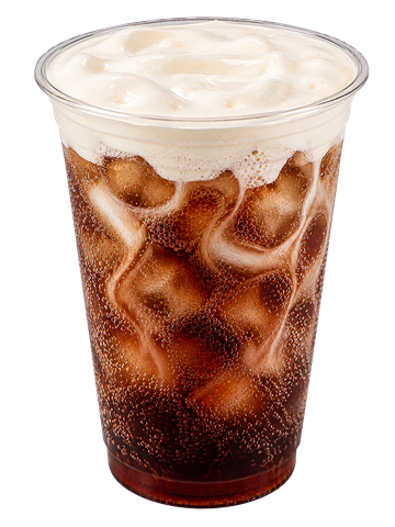 Iced coffee with creamy foam in a plastic cup.