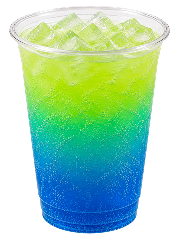 Colorful blue and green iced drink in a plastic cup.