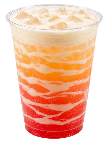 Colorful layered iced drink with cream.