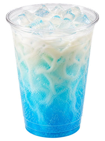 Iced blue and white layered drink in a plastic cup.
