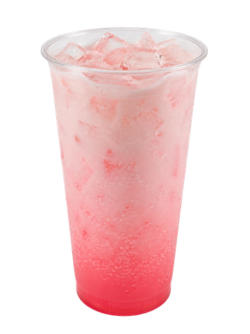 Pink iced drink in a clear plastic cup.