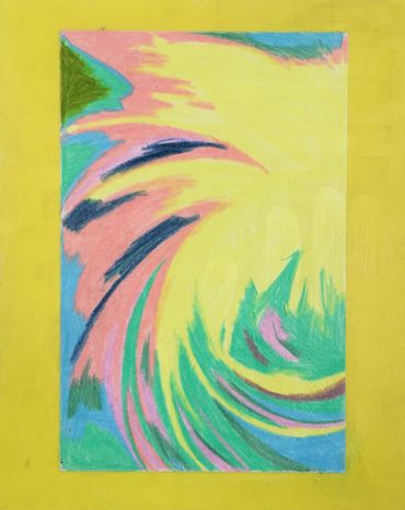 Yellow Blossom small colourful abstract landscape drawings, mounted on acrylic painted wood panels