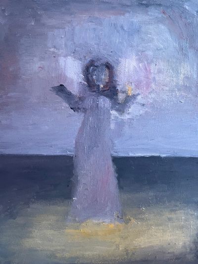 Abstract figure in a muted purple setting with indistinct features.
