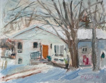 Snow painting landscape picture plein air nature house suburban  outdoors expressive Impressionism 