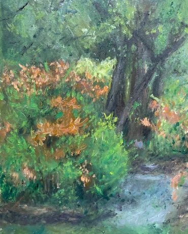Plein air painting landscape botanical garden tree flowers path outdoor painter Impressionism tours