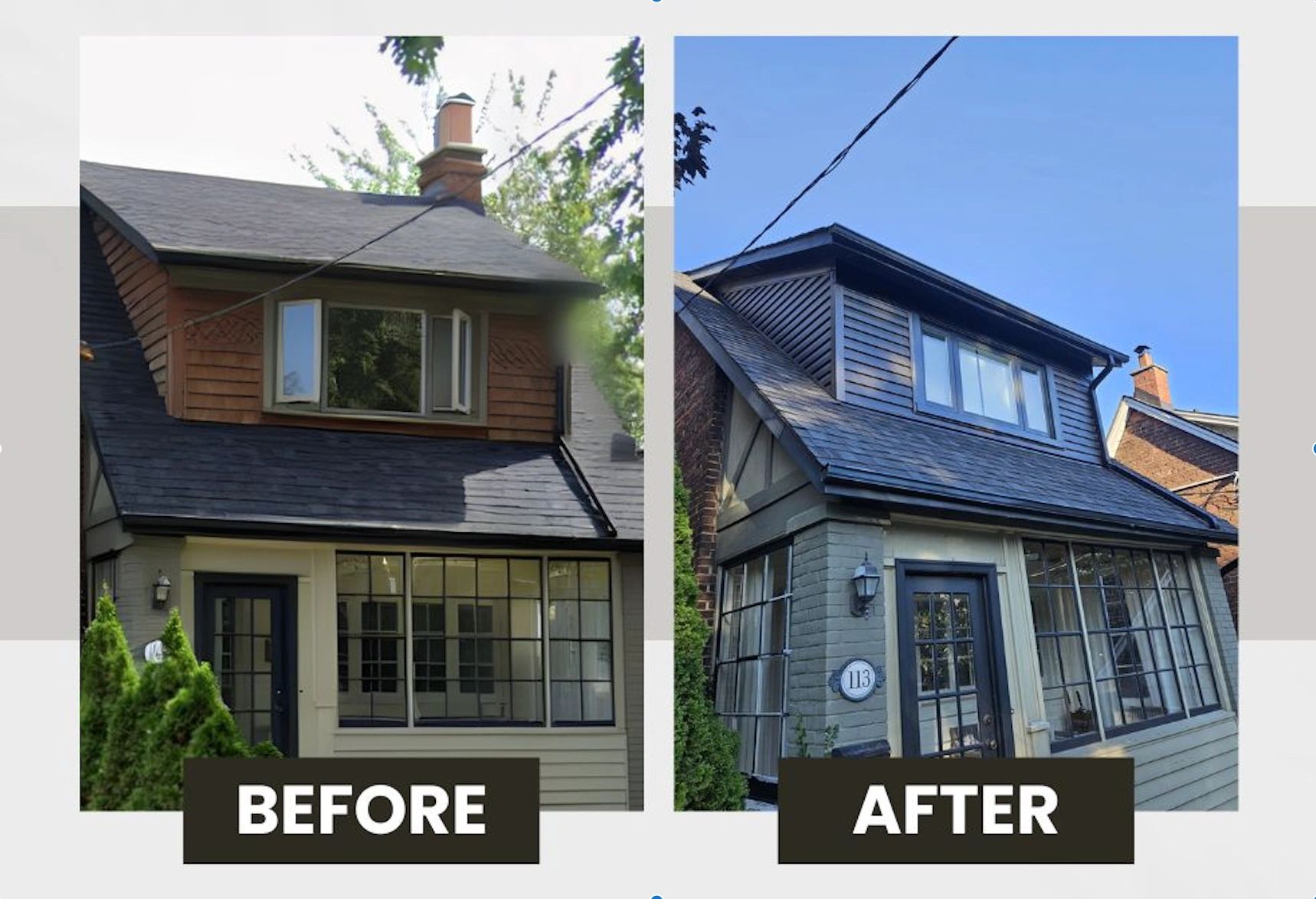 Before and after home renovation showing upgraded windows, siding, and roof.