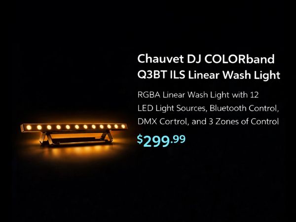 Chauvet DJ COLORband Q3BT ILS Linear Wash Light with 12 LEDs, Bluetooth, and DMX control, priced at $299.99.