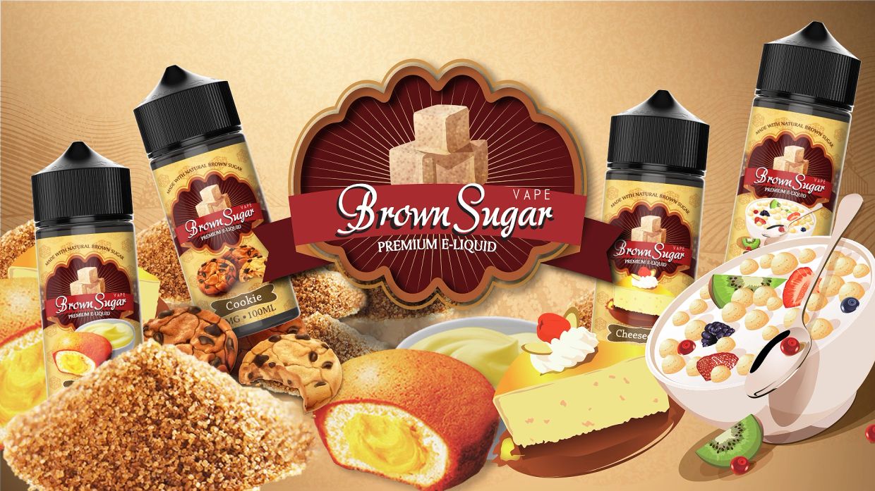 Brown Sugar vape e-liquid flavors with dessert images.